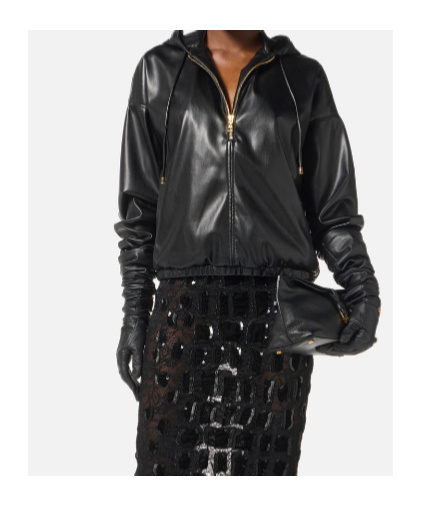 Elisabetta Franchi Sweatshirt With Nappa Leather Texture And Hood In Black