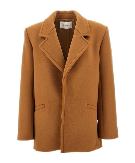 Saint Laurent Brown Coat With Classic Lapels And Shoulder Pads In Virgin Wool Woman In Brown