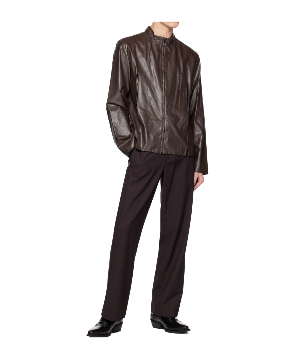 Open Yy Slit Faux Leather Jacket In Brown