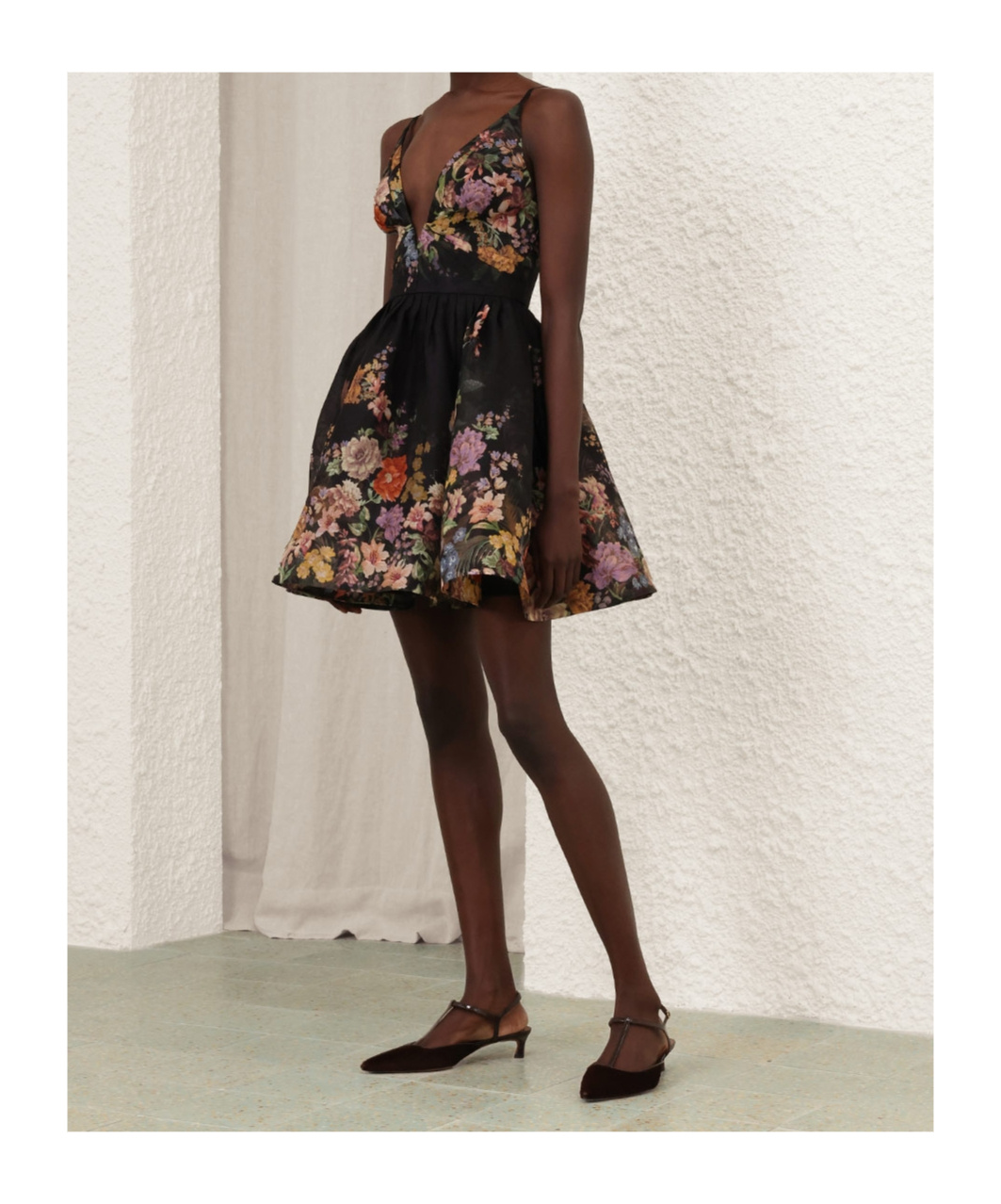 Zimmermann Pavilion Pleated Floral-print Linen And Silk-blend Mini Dress In Black