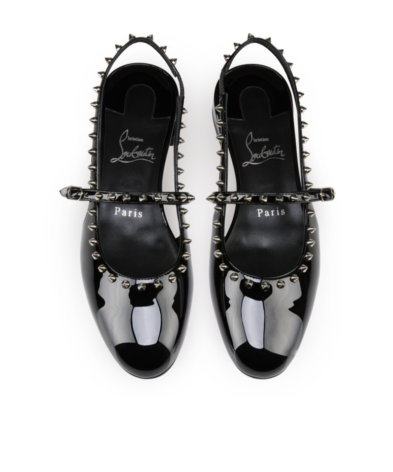Christian Louboutin Sweet Janispikes Studded Patent-leather Slingback Flats In Black