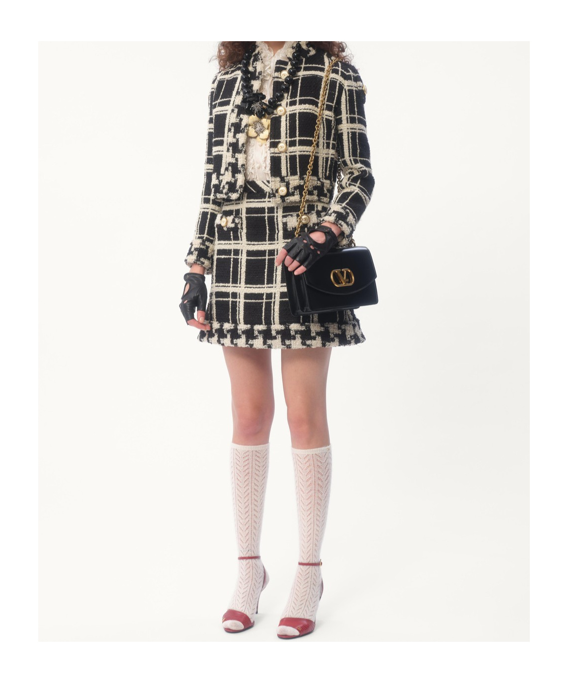 Valentino Womens Nero Avorio Tweed Check-print Wool-blend Mini Skirt In Black