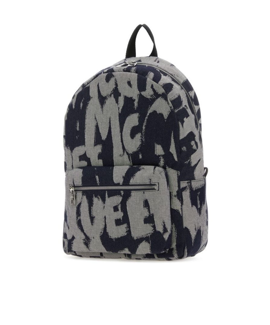 Alexander Mcqueen Jacquard Denim Metropolitan Backpack With Monogram Motif In Black