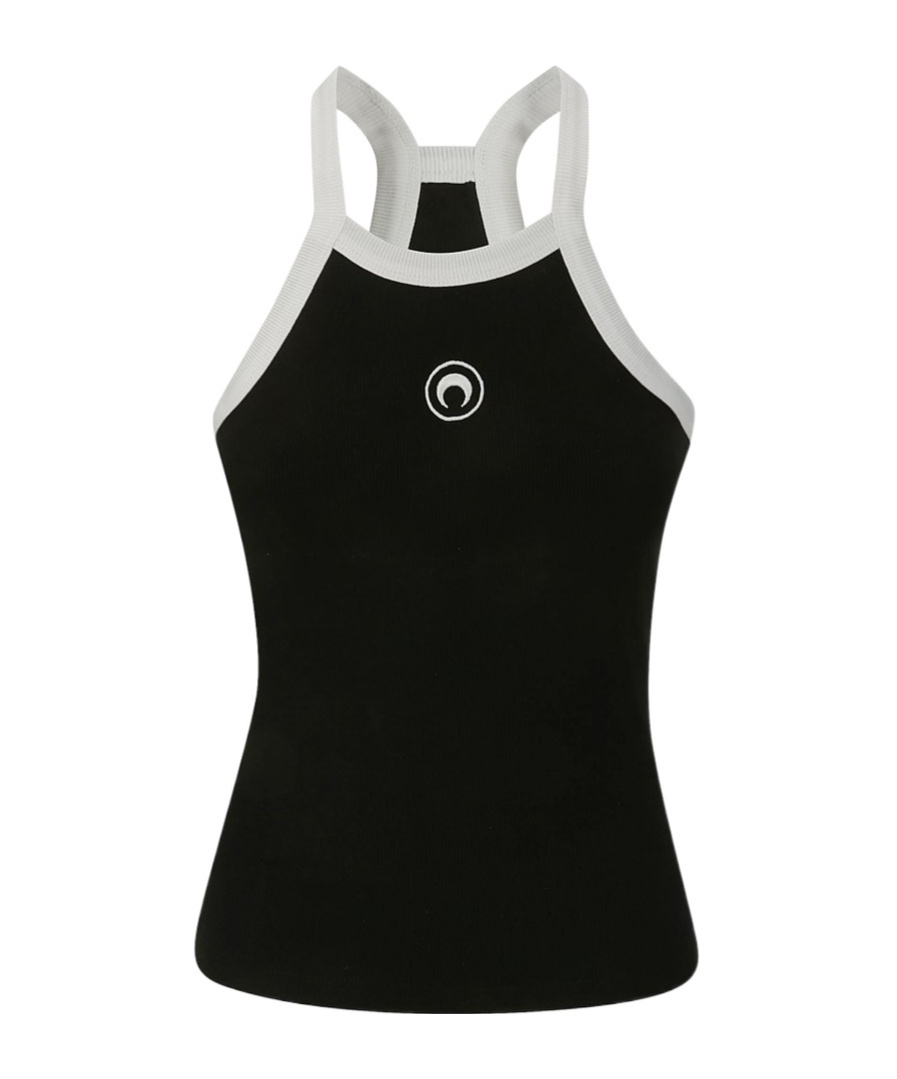 Marine Serre Crescent Moon Embroidered Racerback Ribbed Top In Black