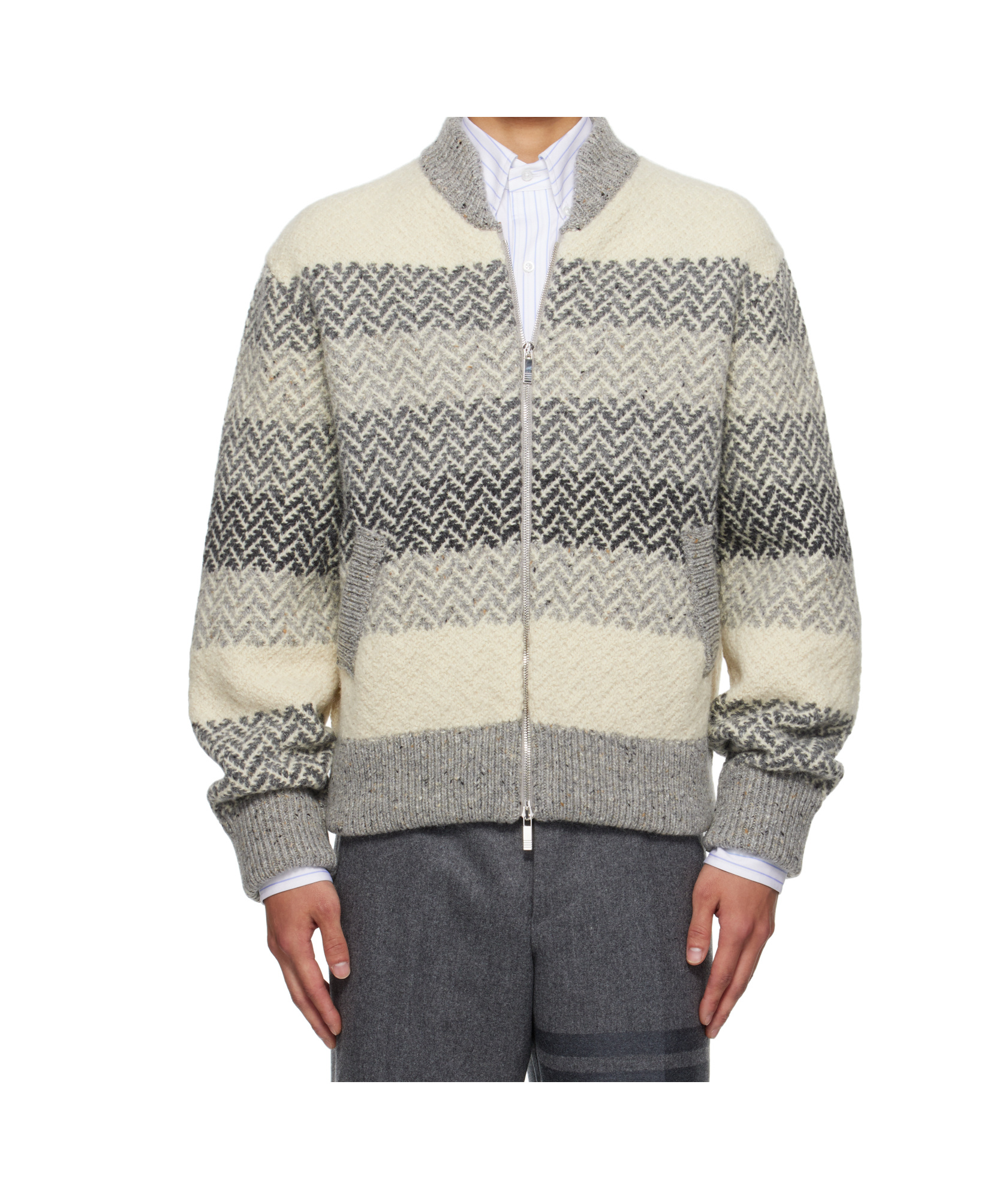 Thom Browne Chevron Striped Wool And Mohair Zip-up Cardigan In Gray