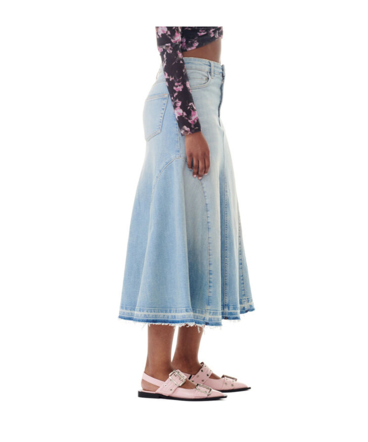 Ganni Pleated Denim Midi Skirt In Multi