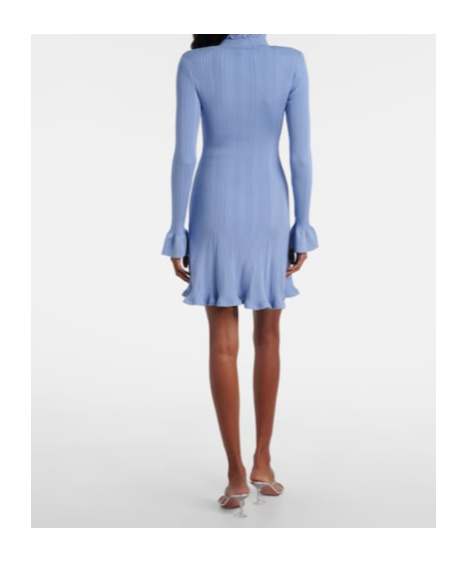 Self-portrait Faux Pearl-embellished Ribbed-knit Mini Dress In Blue