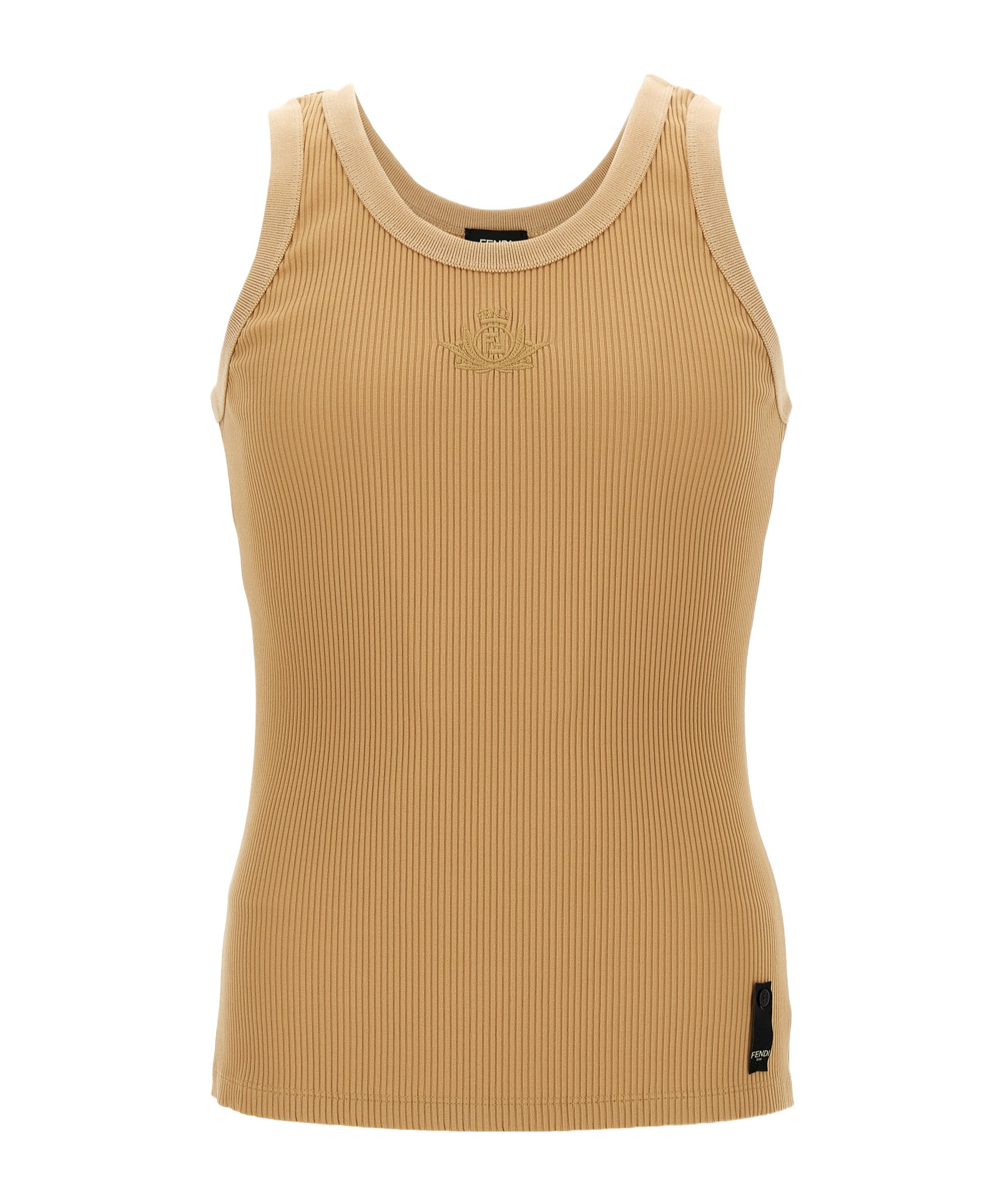 Fendi Ribbed Crew Neck Crest Tank Top In Beige
