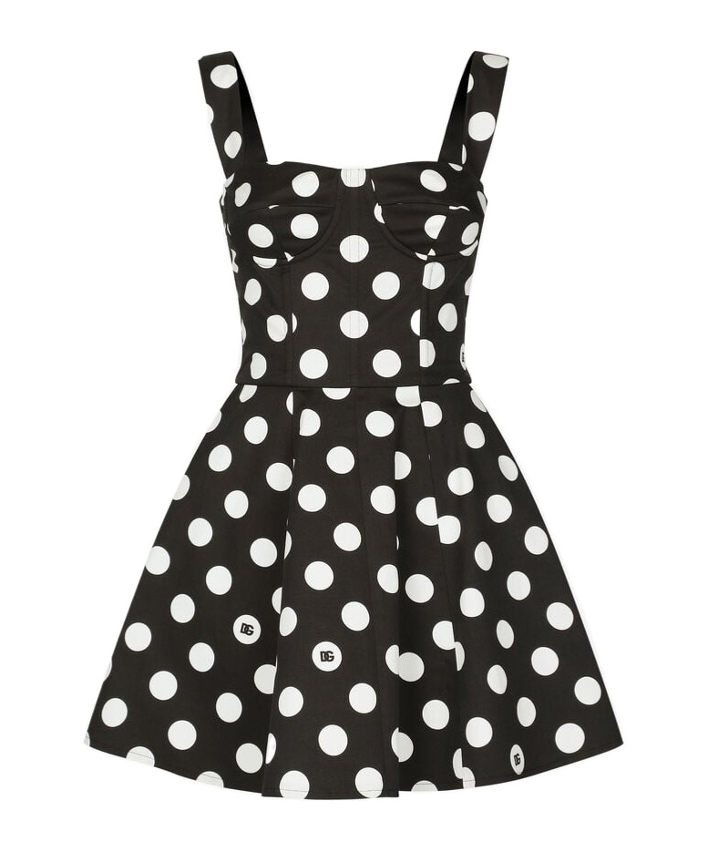 Dolce & Gabbana Black And White Corset Minidress With Polka-dots Print In Cotton Drill Woman In Black