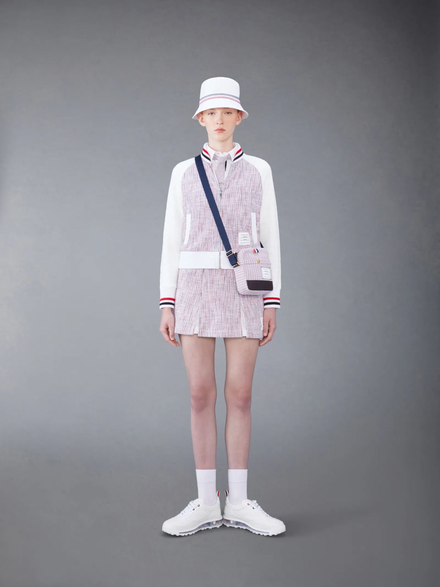 Thom Browne Rwb Stripe-print Tweed Jacket In White