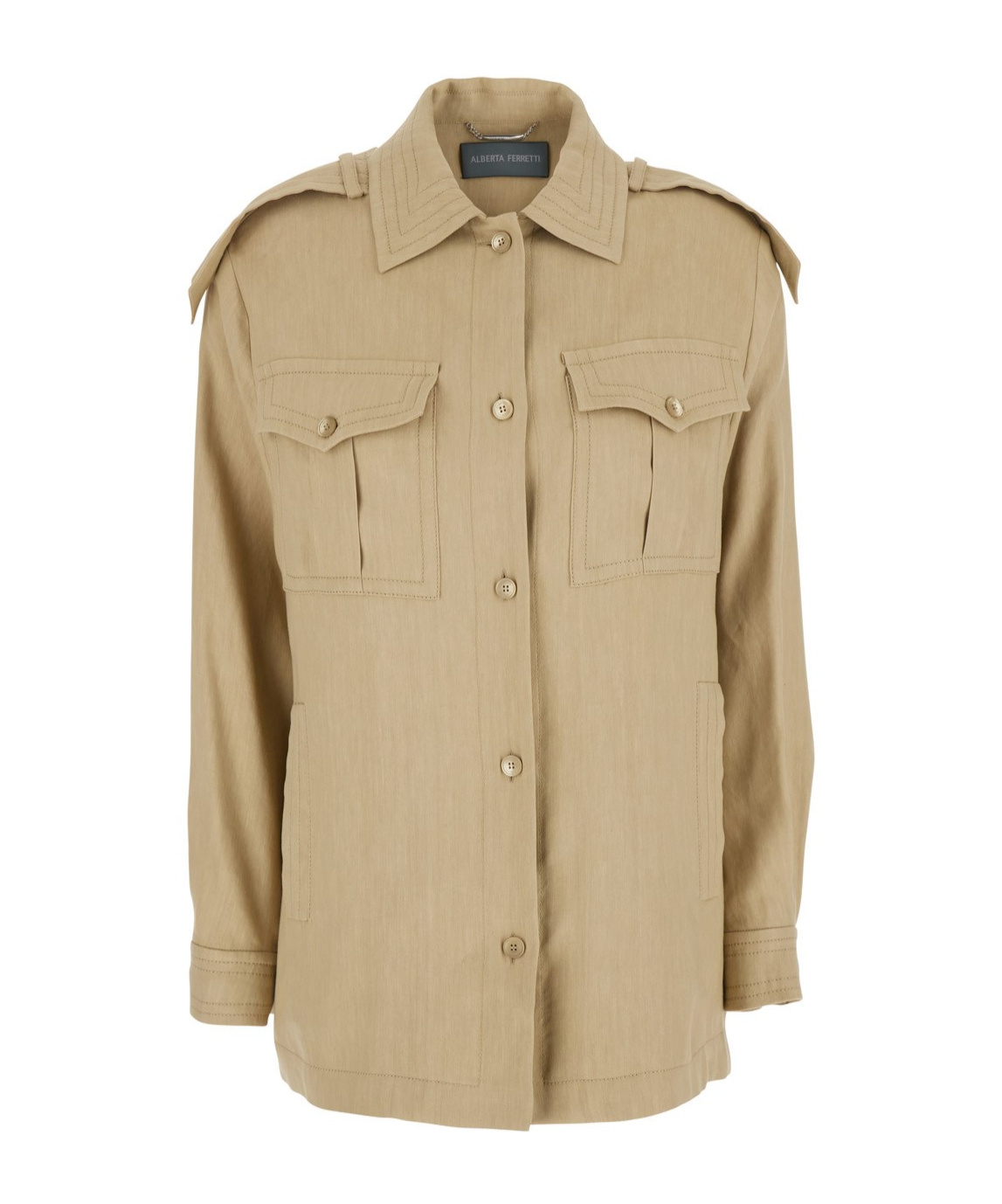 Alberta Ferretti Beige Jacket With Classic Collar And Epaulettes In Linen Blend Stretch Woman In Nude