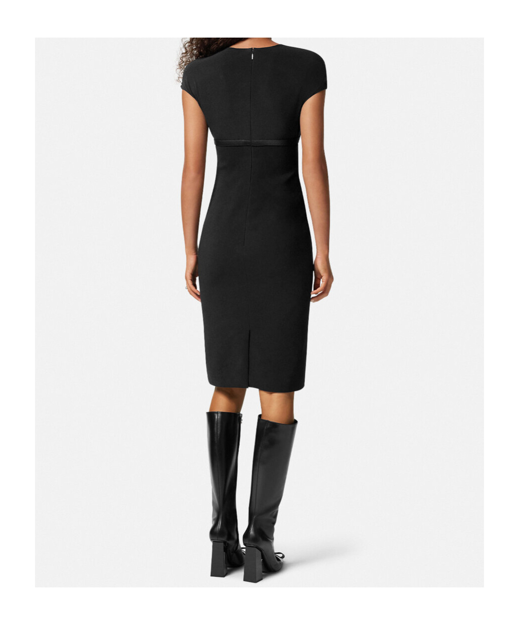 Versace Fitted Black Midi Dress With Satin Trim And Medusa Detail In Black
