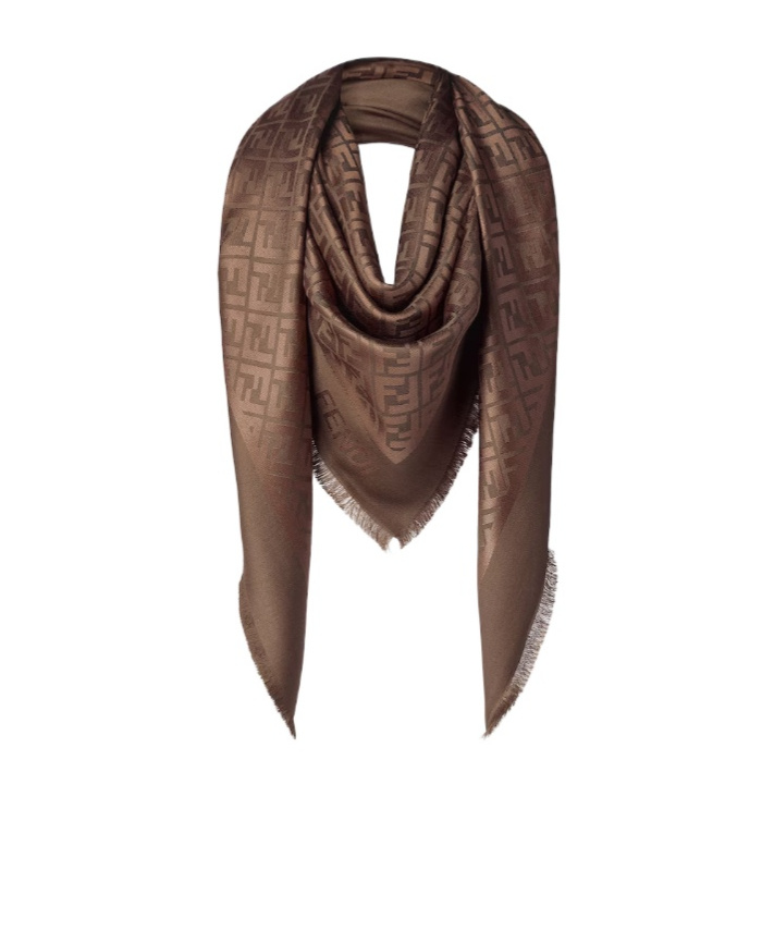 Fendi Square Scarf Fringed Edges In Brown
