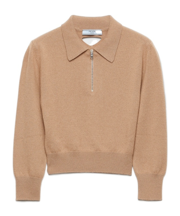 Prada Triangle-logo Half-zip Sweater In Brown