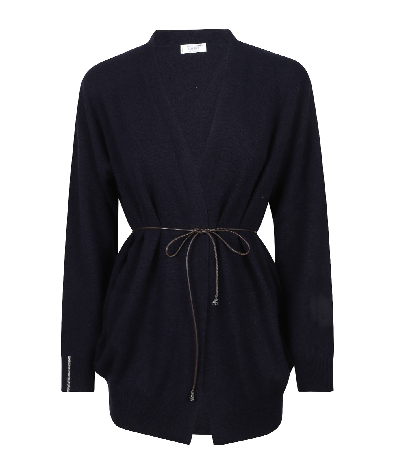 Peserico Long-sleeved Belted Cardigan In Dark Blue