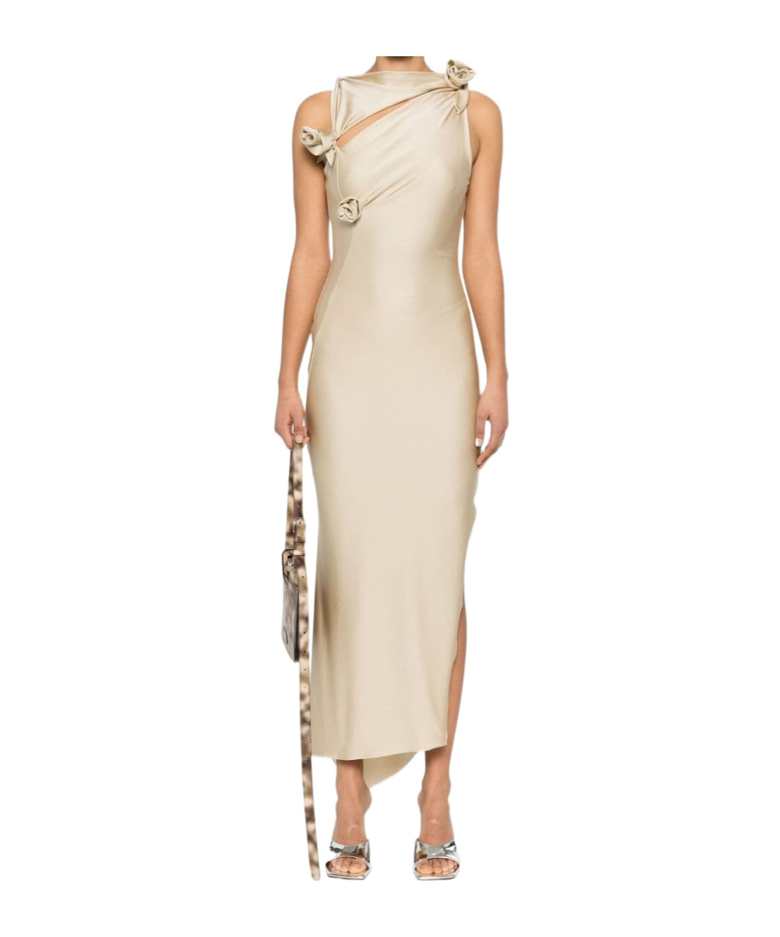 Coperni Rosette Cutout Asymmetric Stretch Jersey Gown In Nude