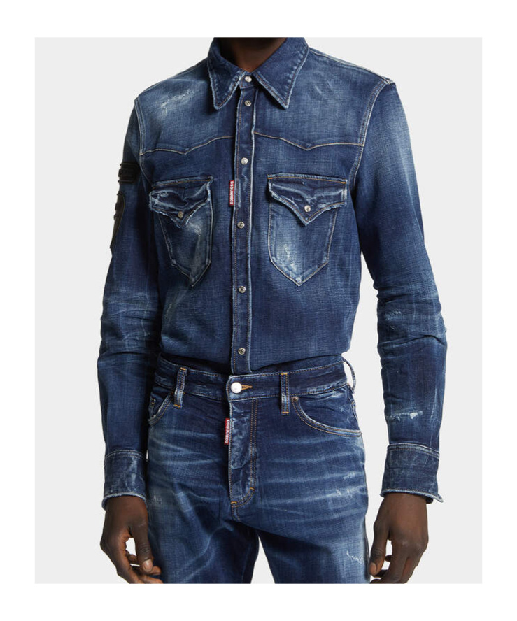 Dsquared2 X Ducati Denim Fashion Distressed Western Shirt In Blue