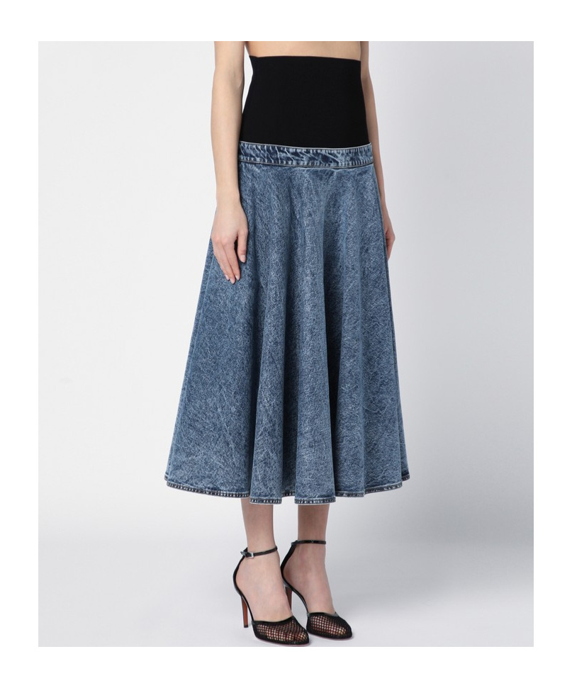 Shop Alaïa Denim-panel Midi Skirt In Blue