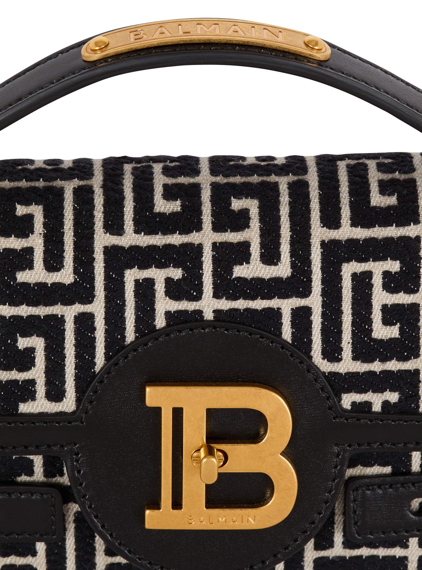 BALMAIN B-BUZZ SHOULDER 24 BAG IN CALFSKIN AND PB JACQUARD CANVAS
