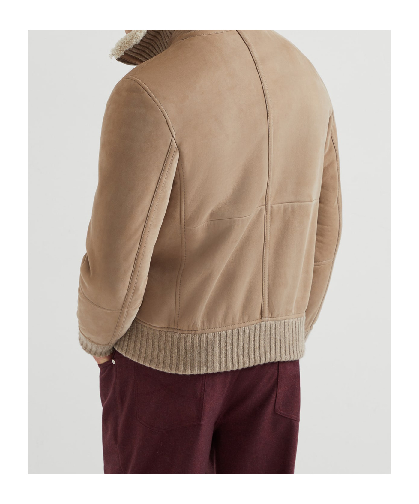 Brunello Cucinelli Bomber Jacket With Shearling Collar And Ribbed Finish In Brown