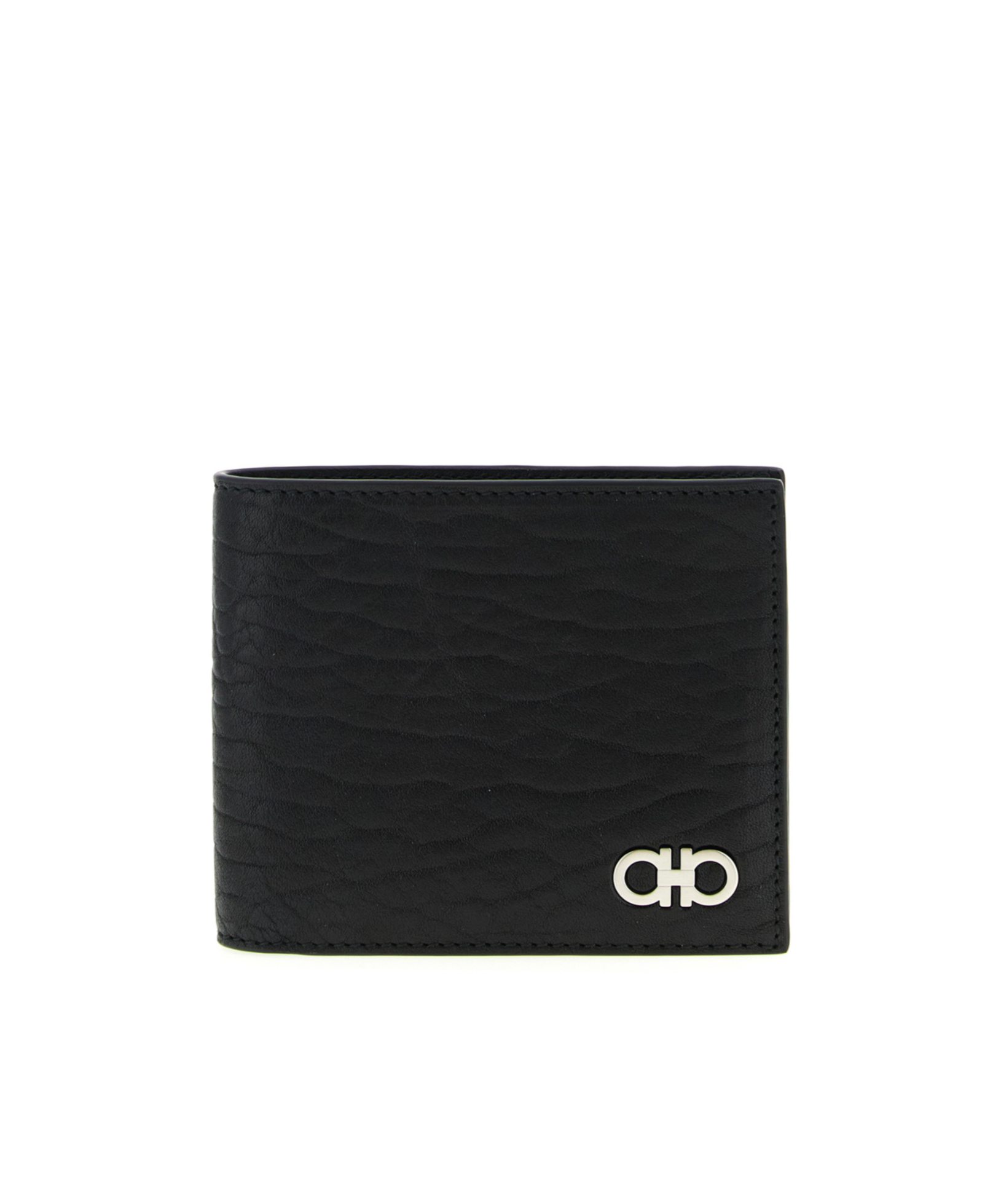 Ferragamo Revival Black Wallet With Gancini Buckle On The Front In Hammered Leather Man In Black