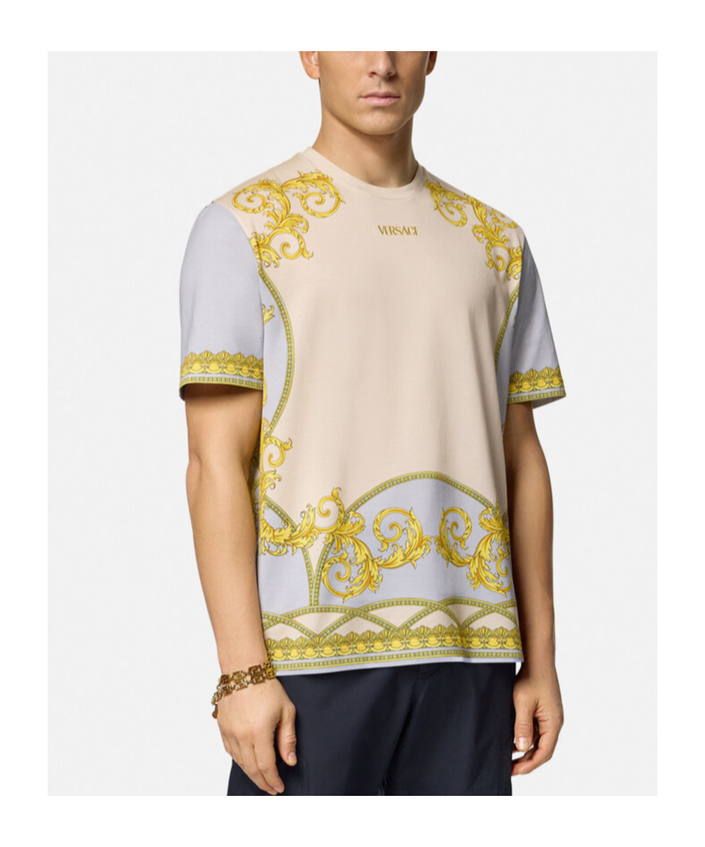 Shop Versace Barocco-print Cotton T-shirt In Nude