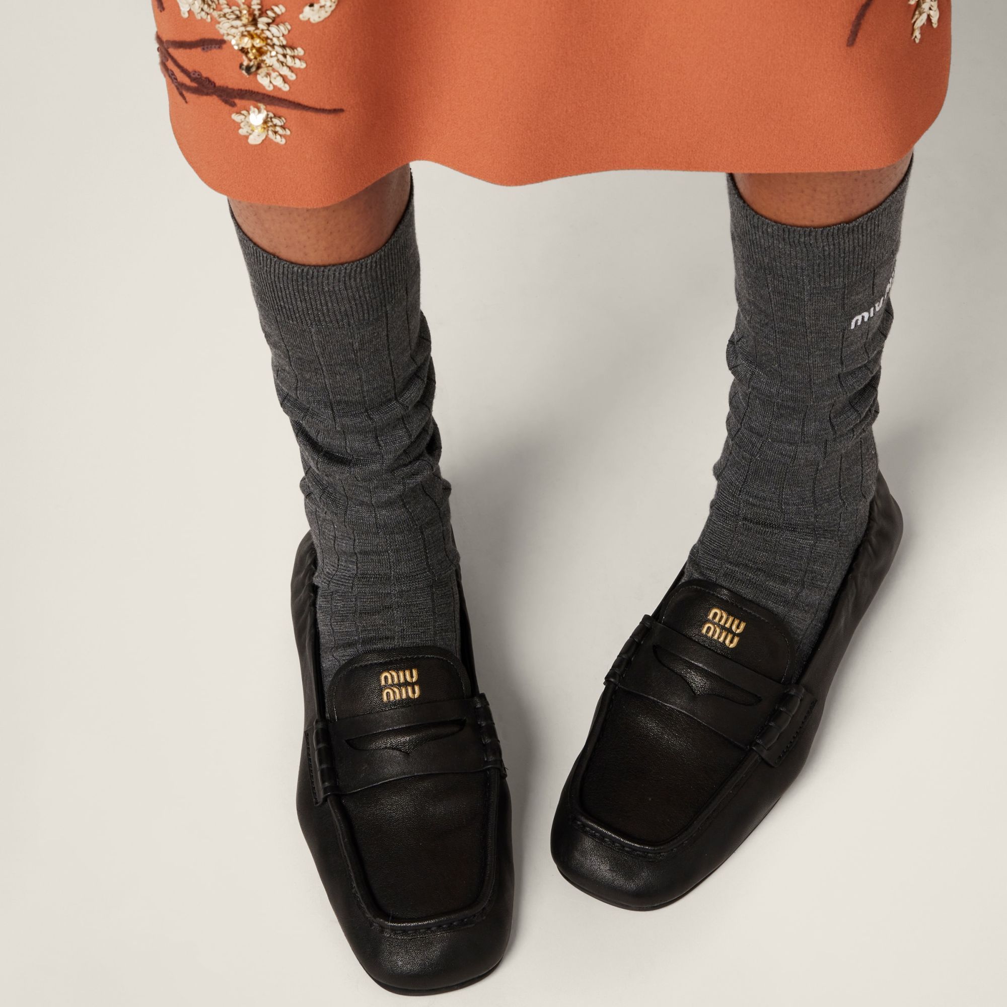 Miu Miu Women Logo Motif Leather Loafers In Black
