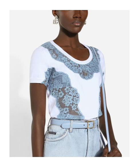 Dolce & Gabbana Jersey T-shirt With Lace Inserts And Dg Logo In White
