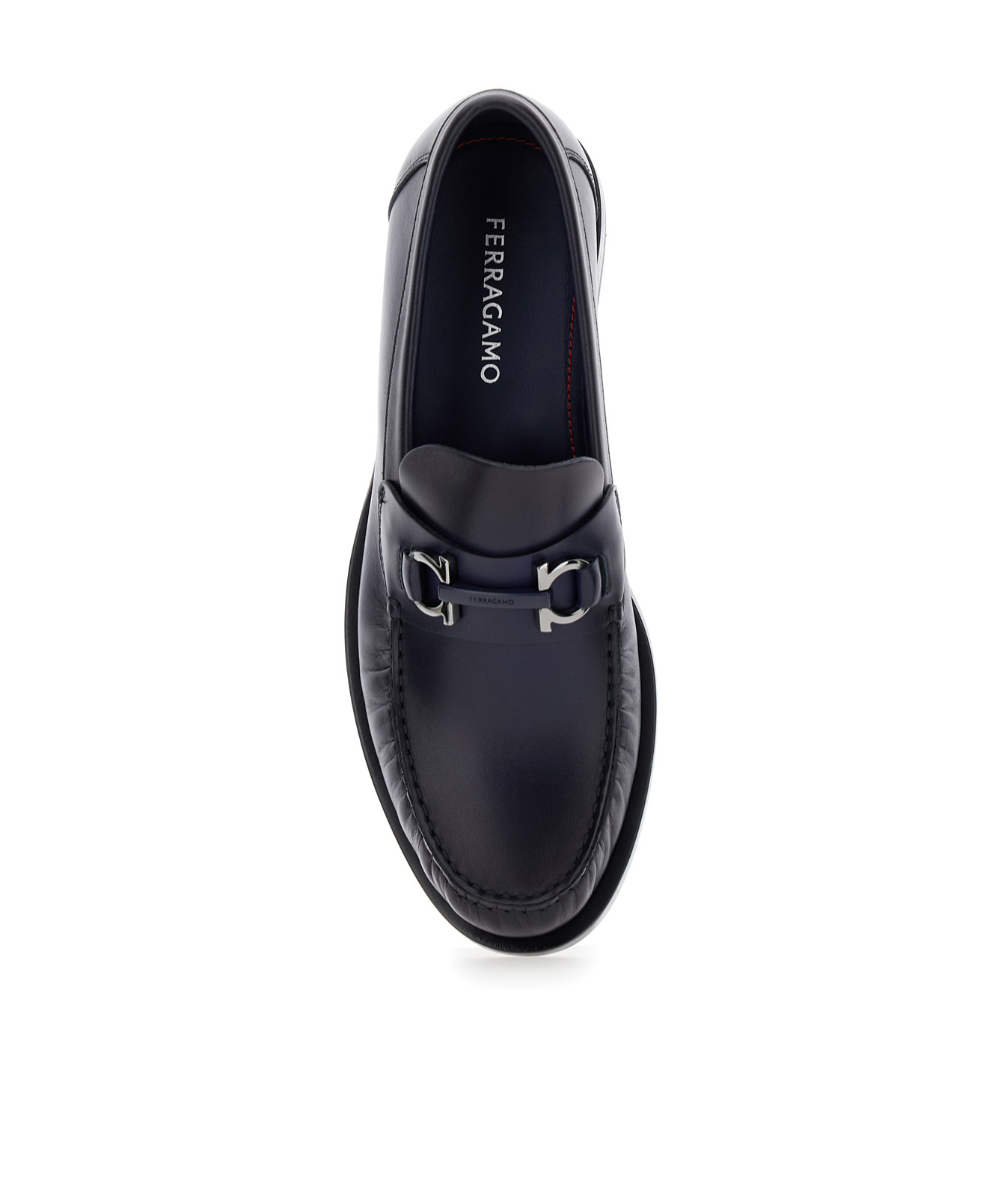 Ferragamo Men 'fort' Blue Slip-on Loafers With Gancini Detail In Brushed Leather Man In Black