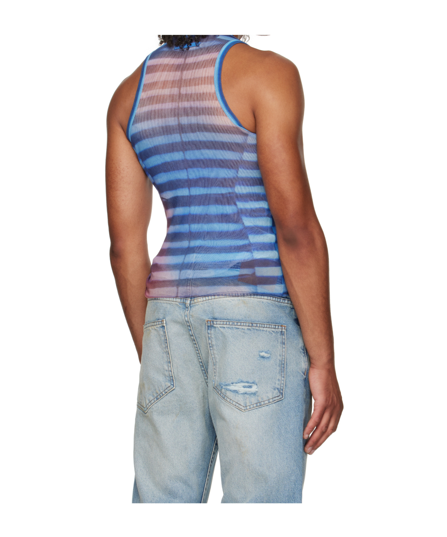 Jean Paul Gaultier Sleeveless Round Neck Striped Sheer Top In Blue