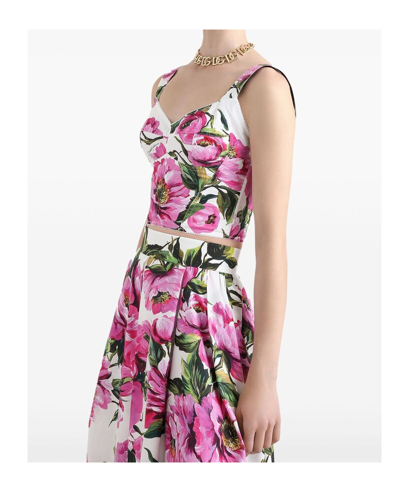 Dolce & Gabbana Pink Crop Top With All-over Printed Floral Motif In Cotton Blend Woman In Multicolor