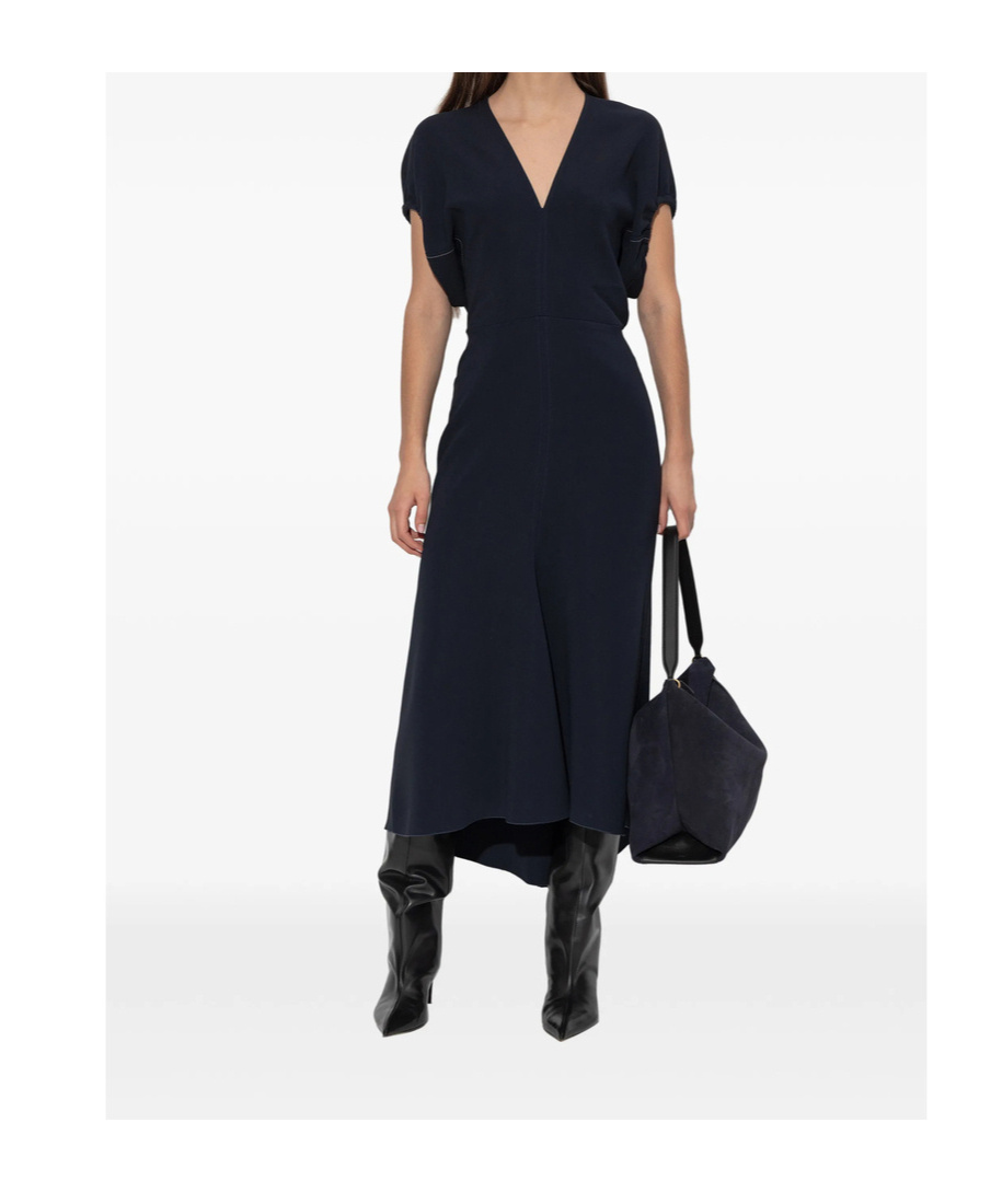 Victoria Beckham Blouson Detail V-neck Midi Dress In Blue