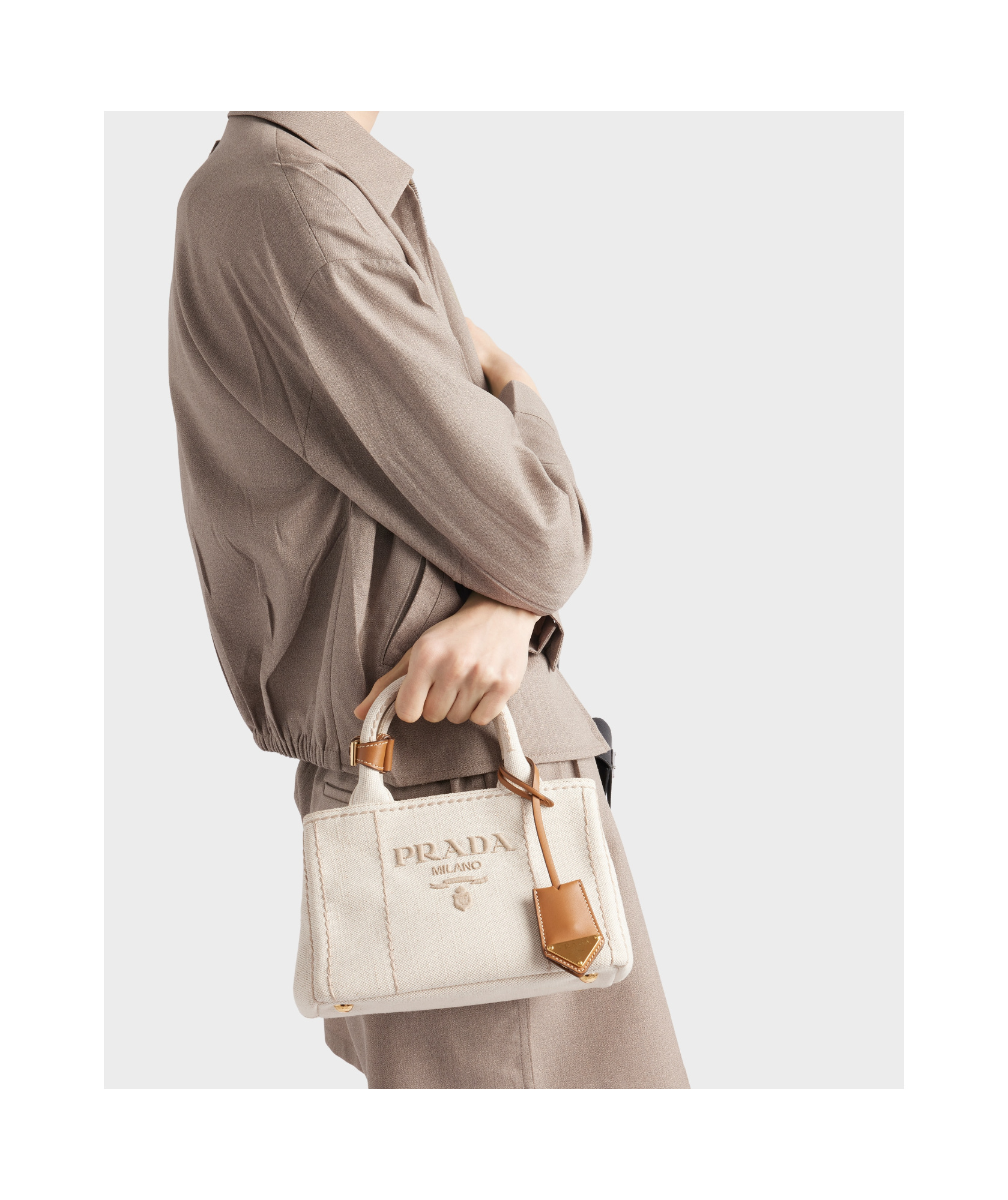 Shop Prada Linen Blend Mini Handbag In Nude