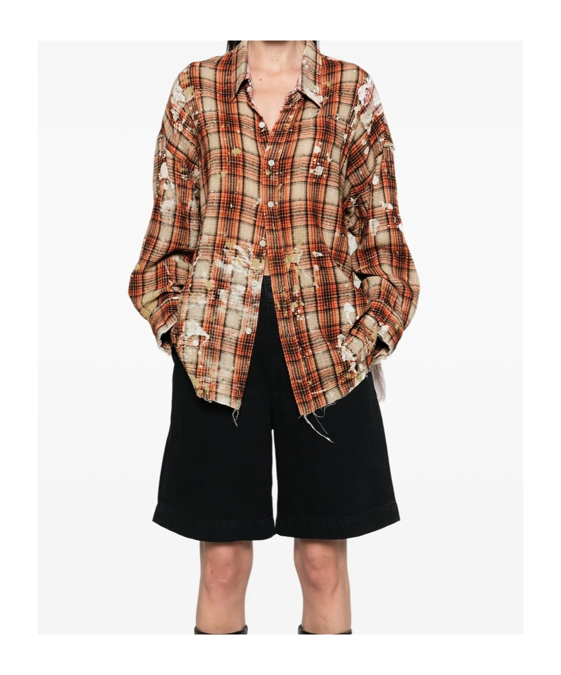 R13 Shredded-seam Drop-neck Shirt In Orangeplaidwithpaintsplatter-multicolor