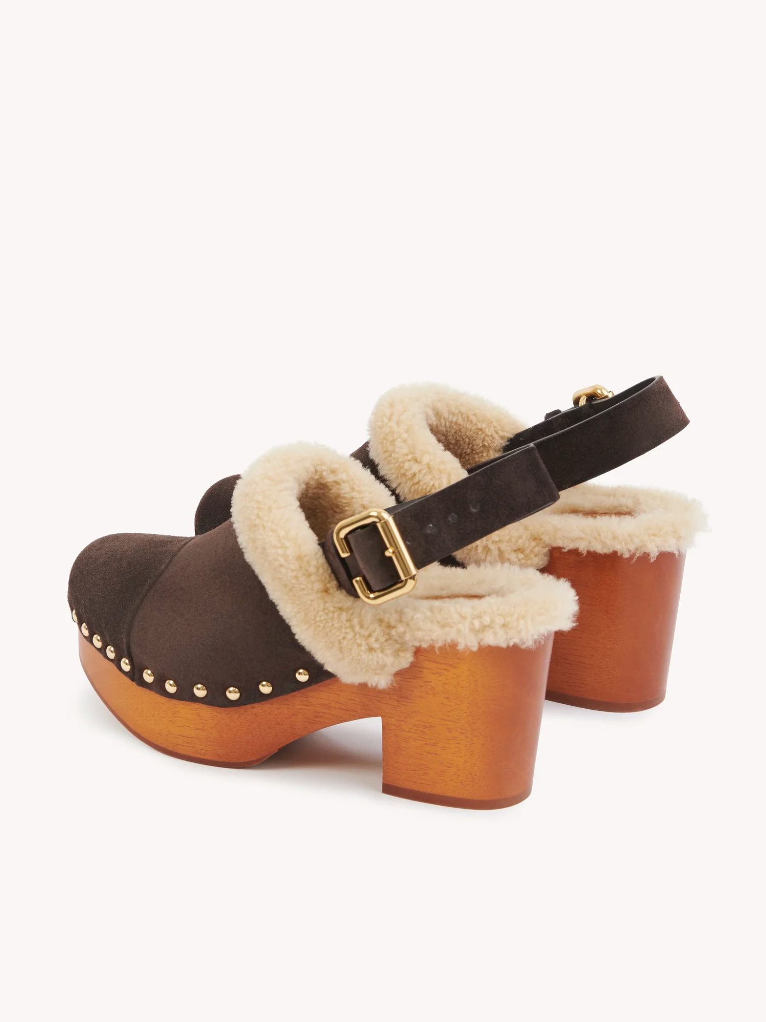 Chloé 80mm Shearling-trimmed Studded Clog In Brown