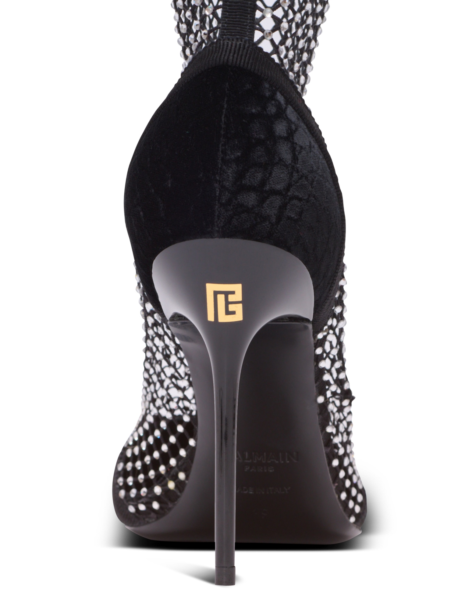 Balmain Mesh Heeled Ankle Boots With Velvet And Rhinestones In Black