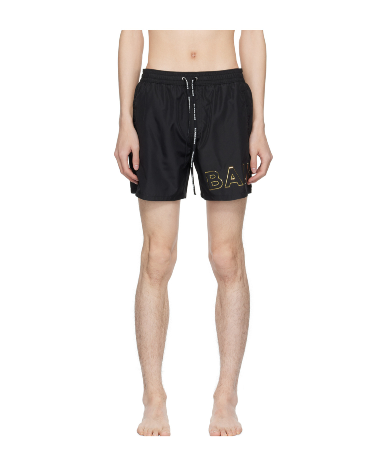 Shop Balmain Embossed-logo Swim Shorts In Black