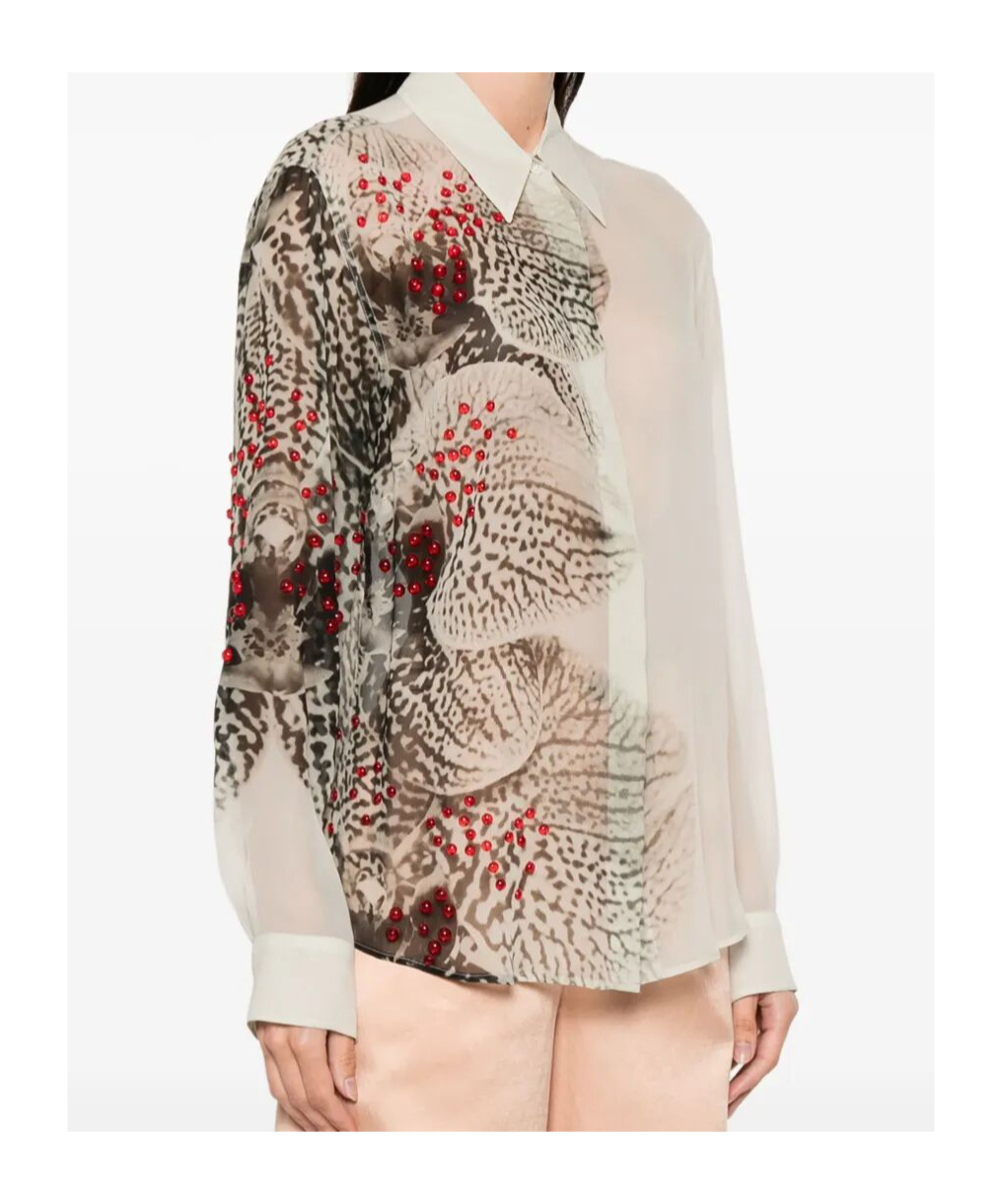 Dries Van Noten Abstract Print Beaded Collared Sheer Shirt