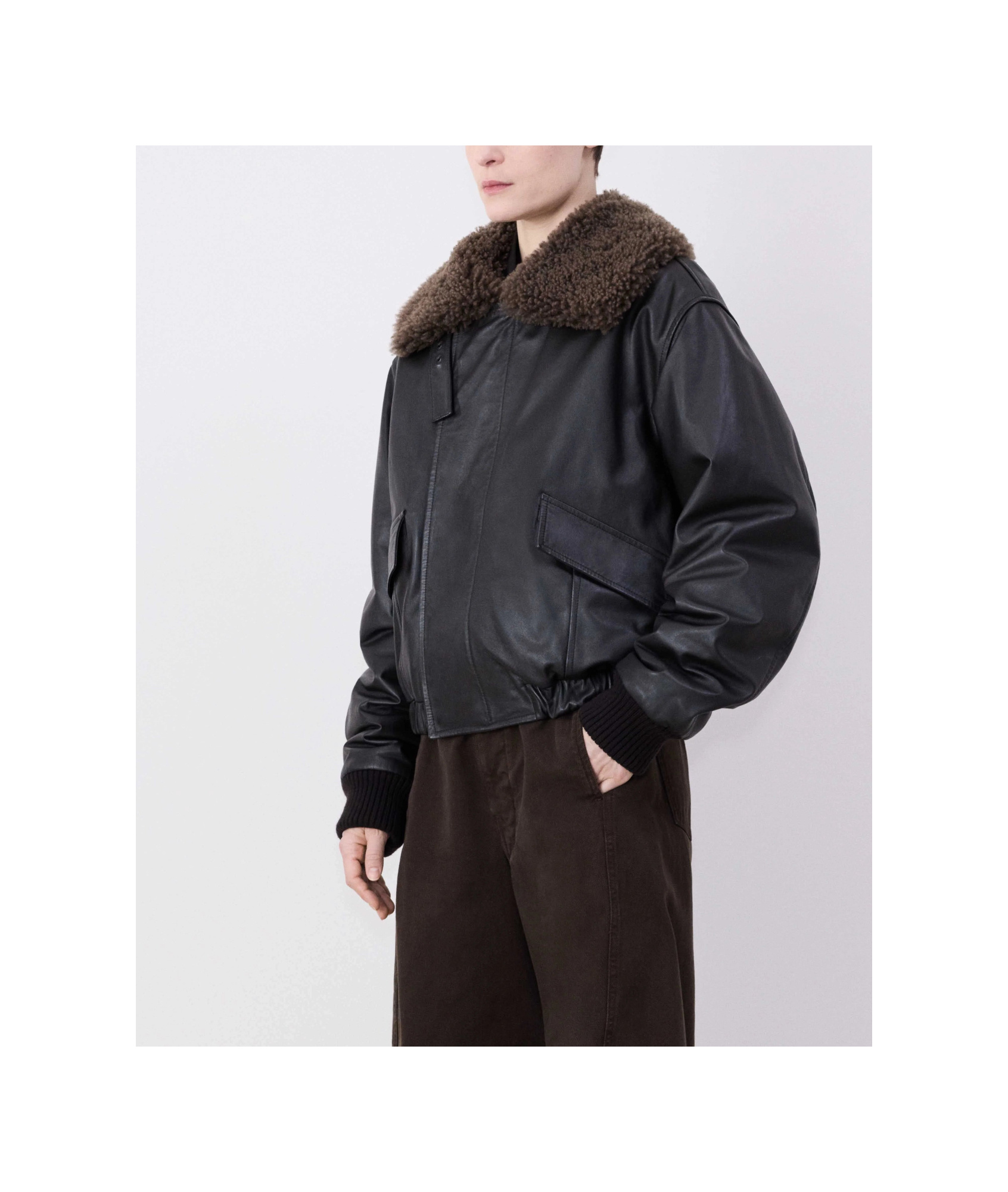 Lemaire Leather Blouson With Shearling Collar In Black