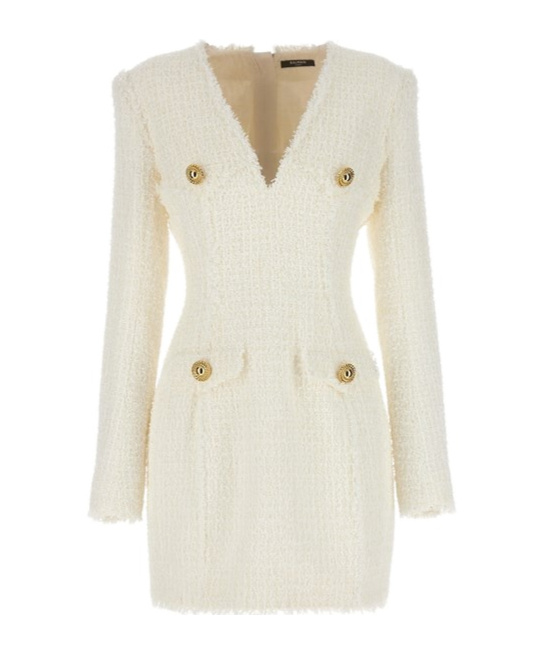 Balmain Button-embellished Tweed Minidress In White