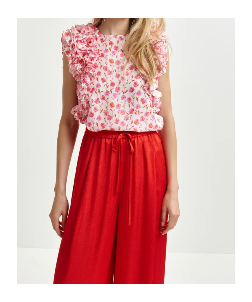 Essentiel Antwerp Floral Print Ruffle Top With Soft-fit Silhouette In Off-white/pink