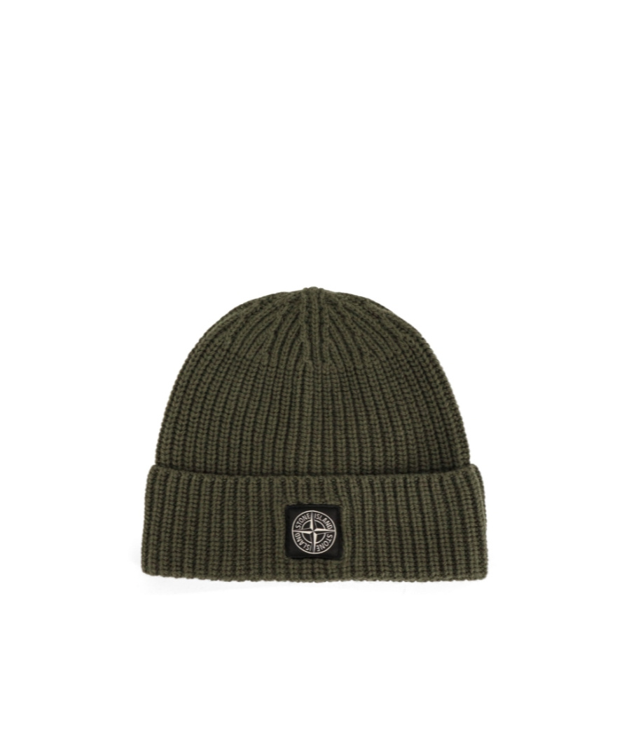 Stone Island Beanie With Compass Patch And Ribbed Cuff In Green