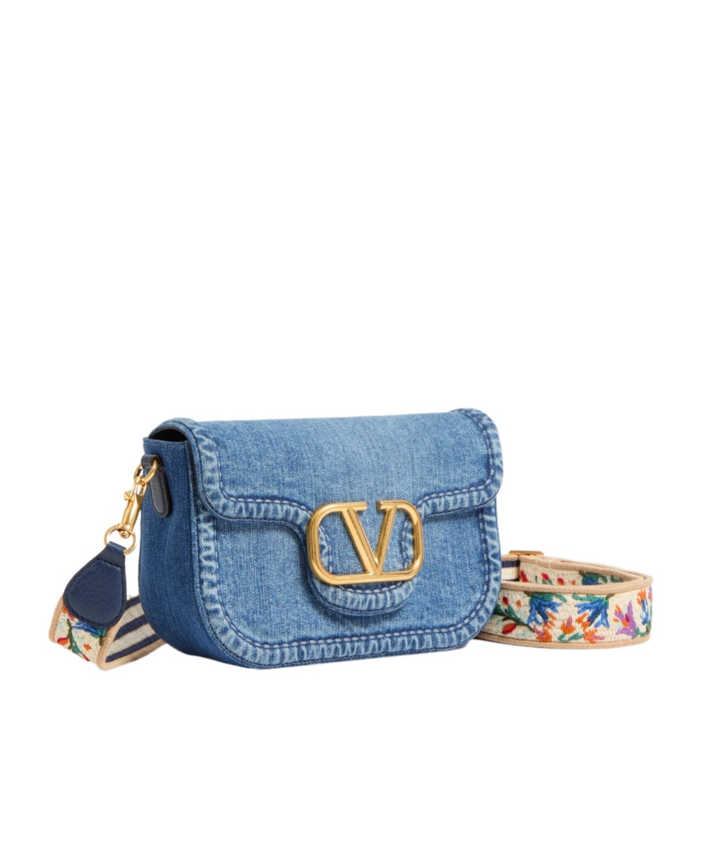 VALENTINO GARAVANI VALENTINO GARAVANI ALLTIME DENIM SHOULDER BAG WITH EMBROIDERED RIBBON STRAP