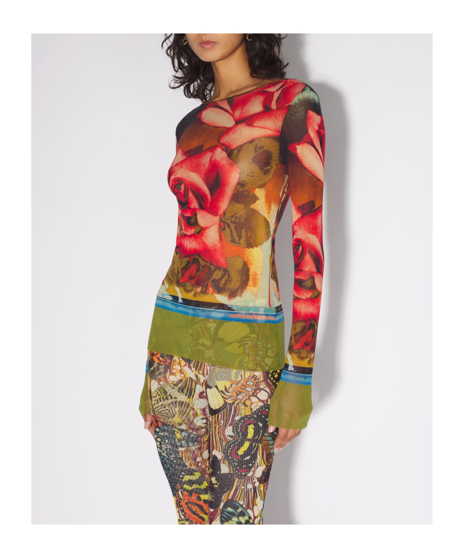 Jean Paul Gaultier Roses Print Mesh Long Sleeve Top In Brown