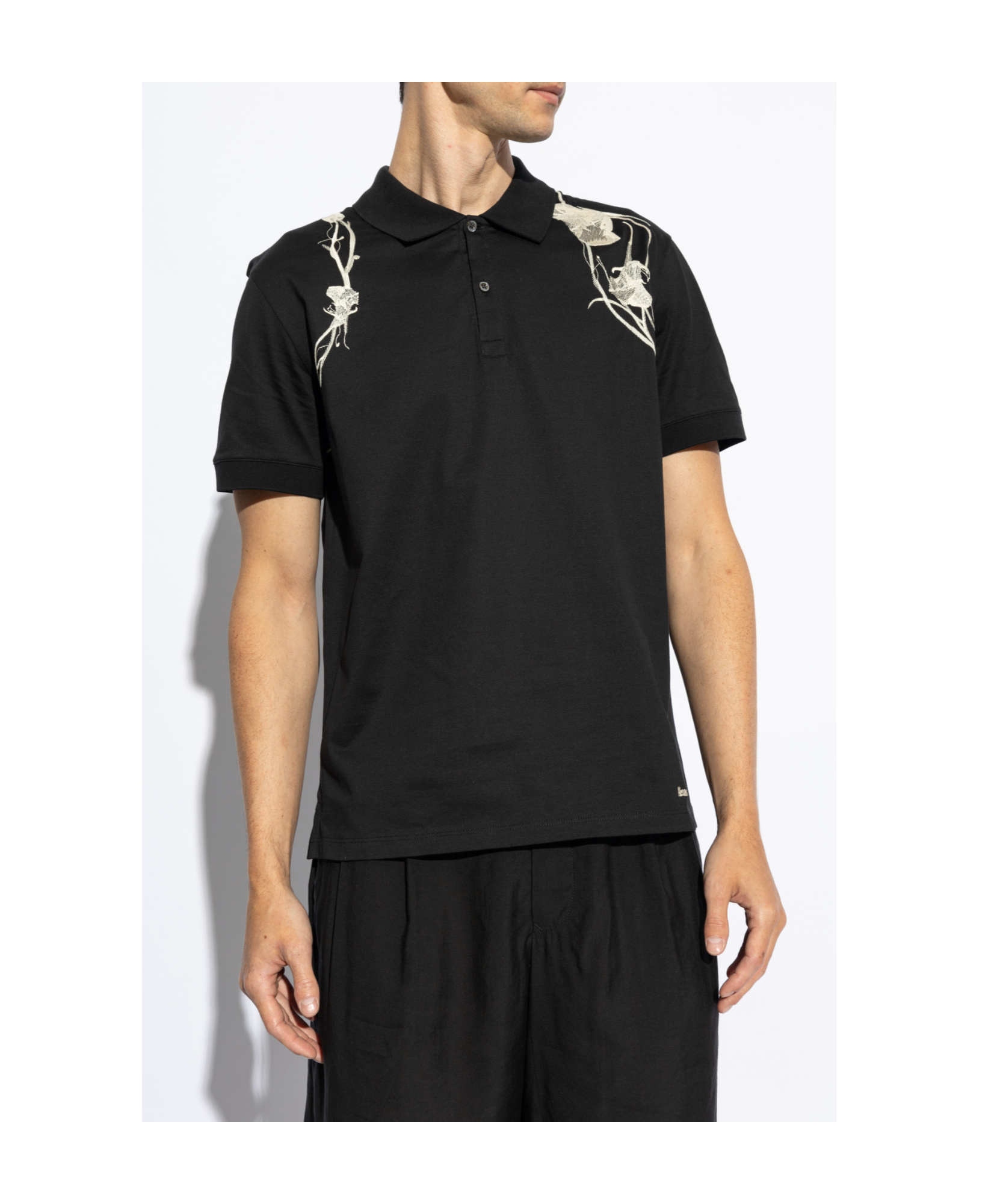 Alexander Mcqueen Flower Harness Embroidered Cotton Polo-shirt In Black