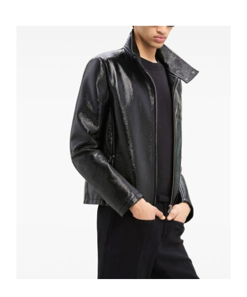 COURRÈGES LOGO-EMBOSSED PATENT BIKER JACKET 