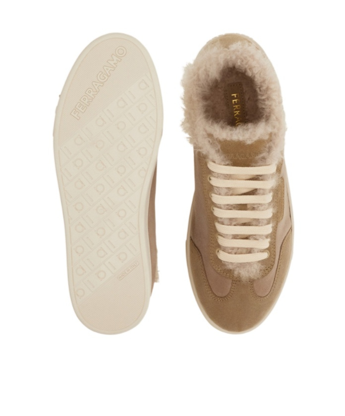 Ferragamo Low Cut Sneaker With Shearling Detail In Animal Print