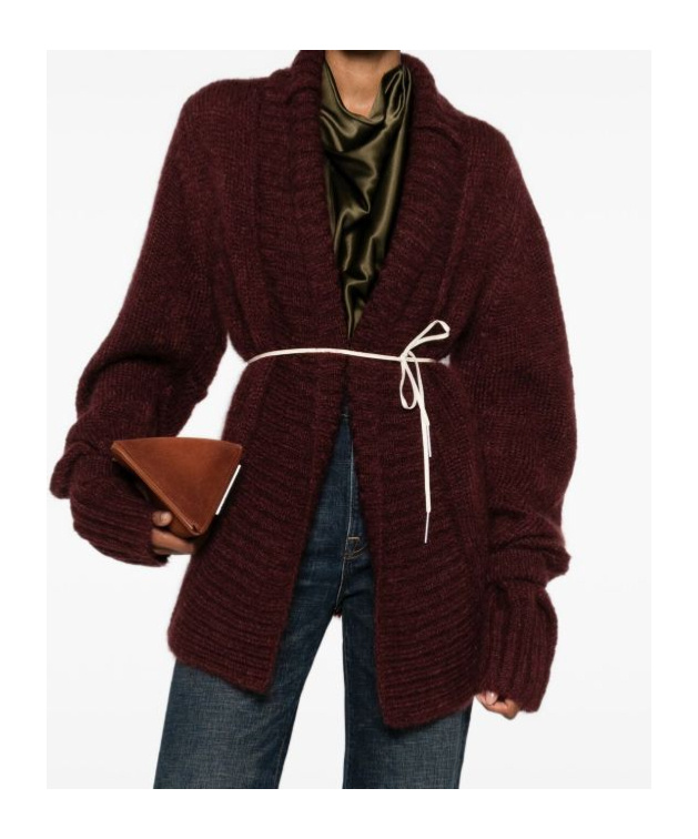 Dries Van Noten Open Front Chunky Knit Cardigan With Belt In Burgundy