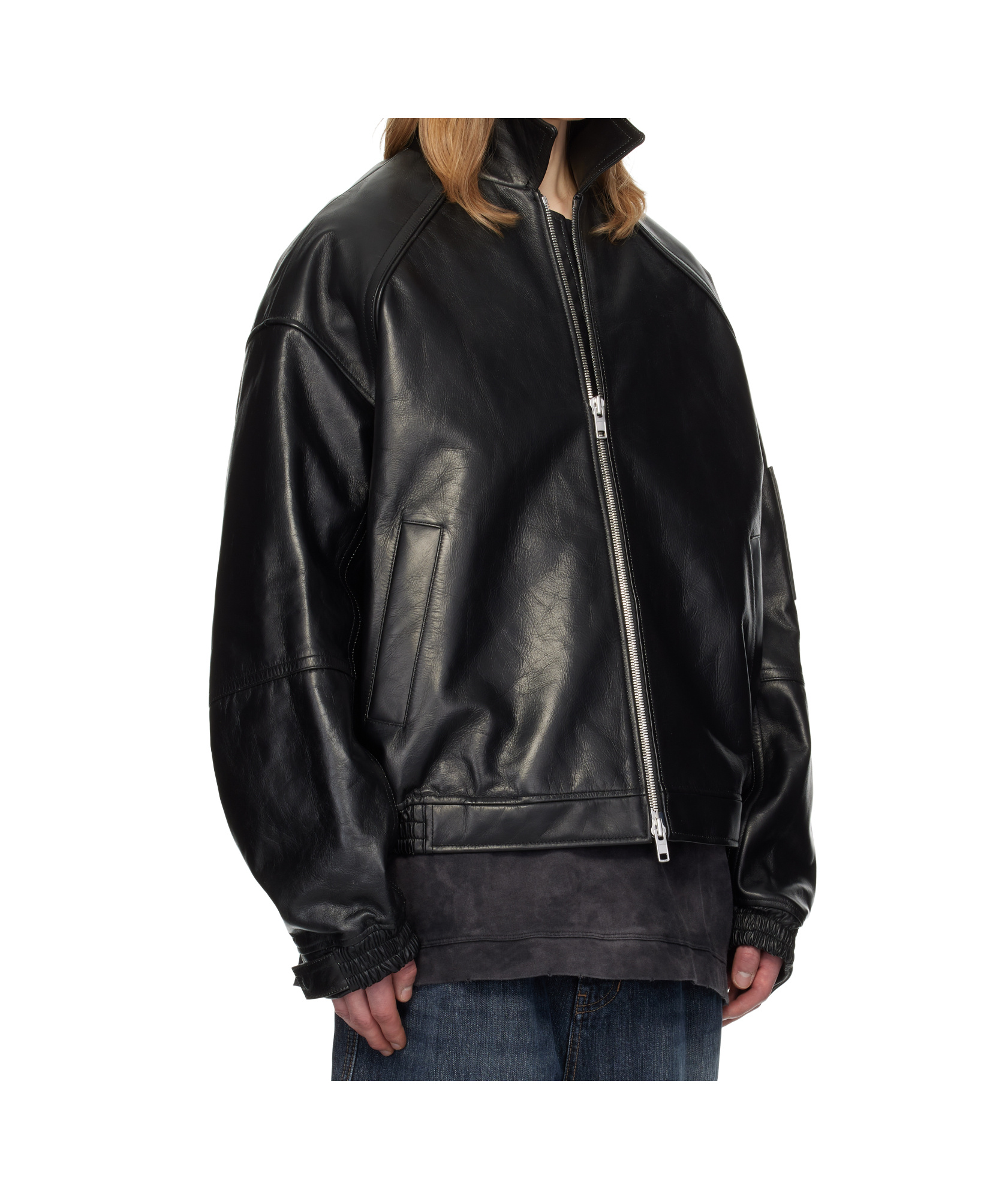 Juunj Stand Collar Leather Bomber Jacket In Black