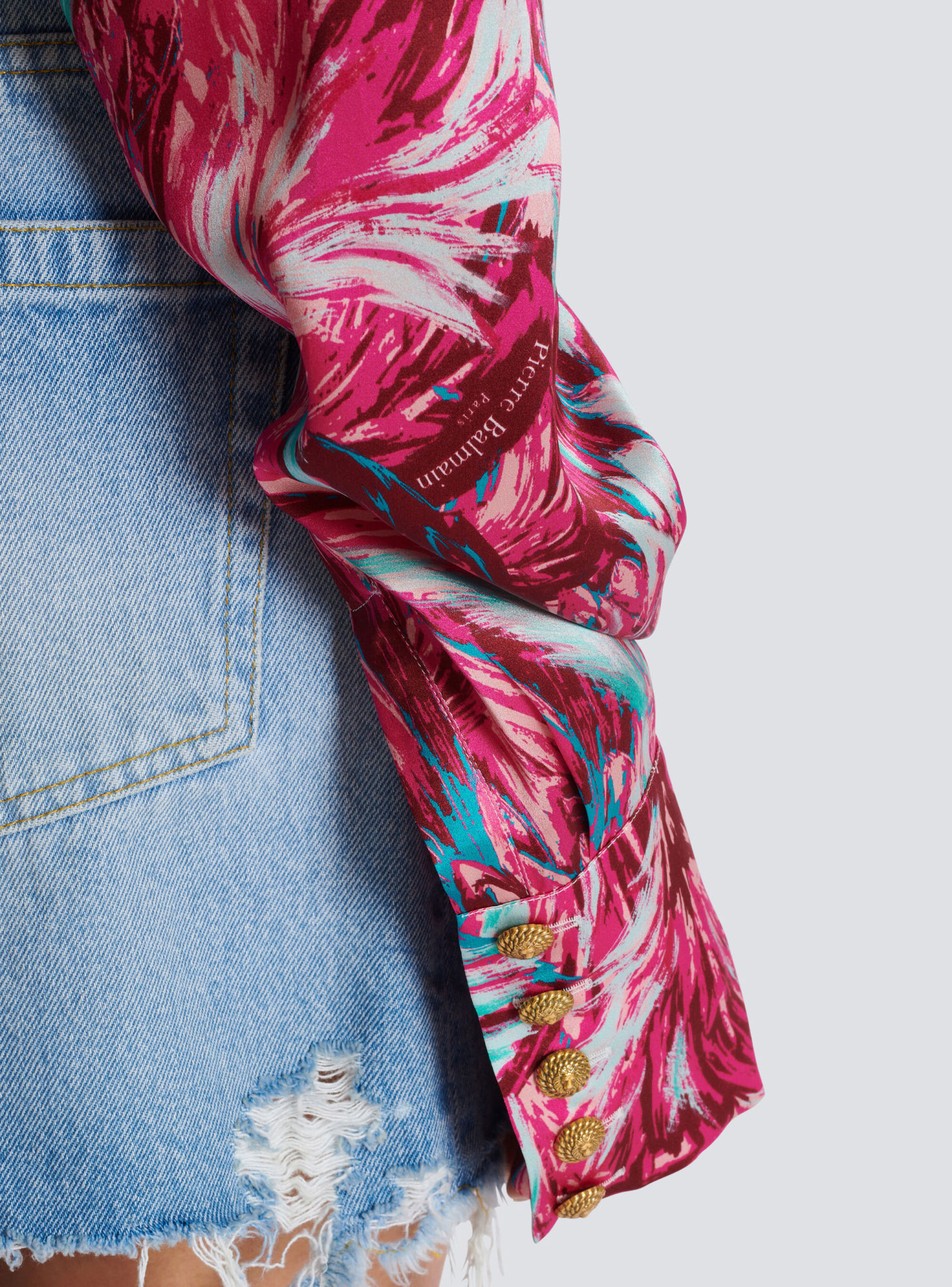 Balmain Feather-print Silk Blouse In Red